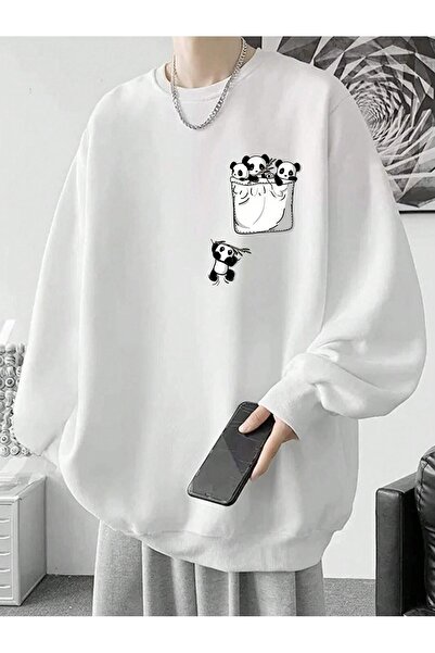 Flood Of Style White Men's White Falling Pandas Printed Oversize Crew Neck