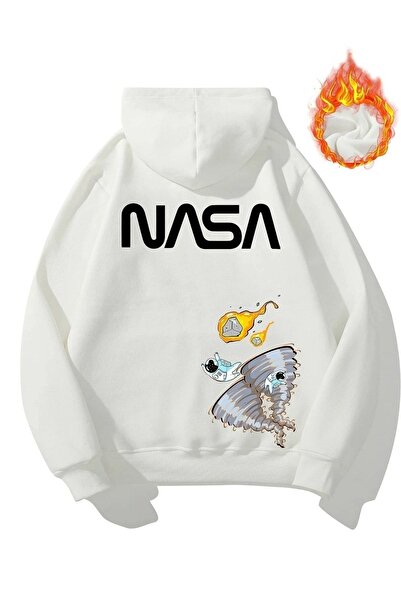 Flood Of Style White Women's White Nasa Printed 3 Thread Hooded Hoodie
