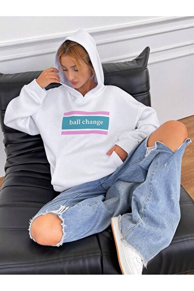 Flood Of Style White Women's White Ball Change Printed Hooded Hoodie