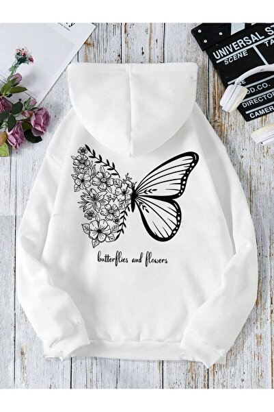 Flood Of Style Hanorac alb unisex cu glugă cu imprimeu cu fluturi și flori, cu 3 fire