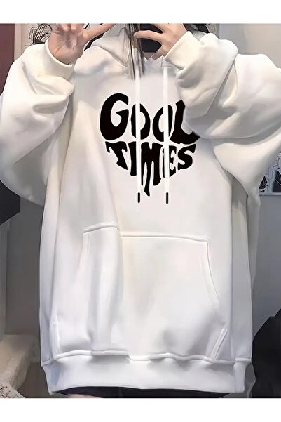 Flood Of Style Hanorac alb pentru femei Good Times cu imprimeu 3 Thread K cu glugă