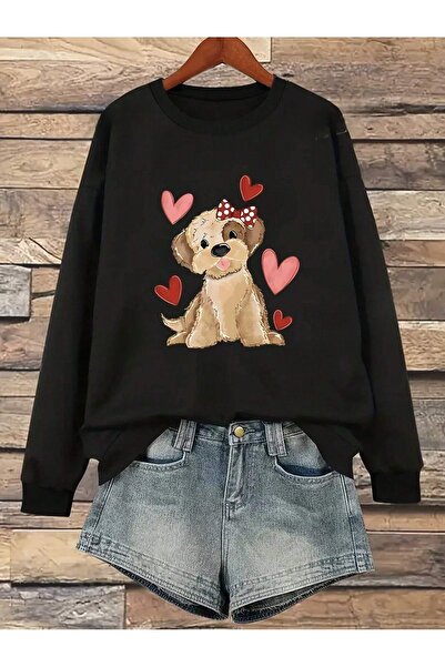 Flood Of Style Femeie neagră Black Heart Dog cu imprimeu guler rotund supradi...