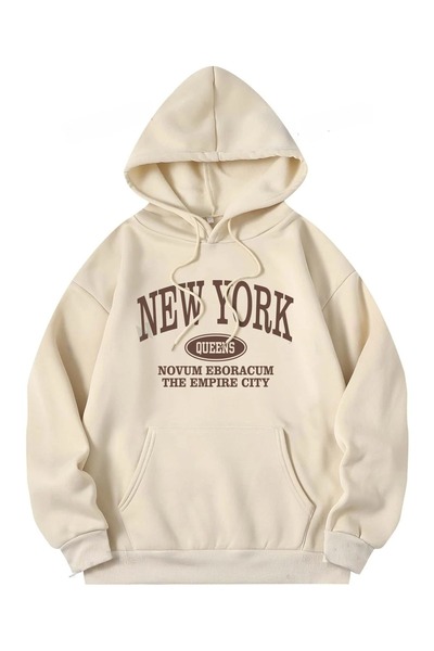 Flood Of Style Μπεζ Unisex Μπεζ NY Queens με τύπωμα 3 Thread K με κουκούλα Ho...