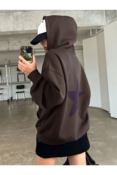 Flood Of Style Кафява смела блуза с качулка и принт