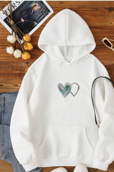 Flood Of Style Hanorac alb pentru femei, alb, cu inimă dublă cu imprimeu cu g...