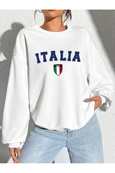 Flood Of Style White Women's White Italia Printed Crew Neck Oversize