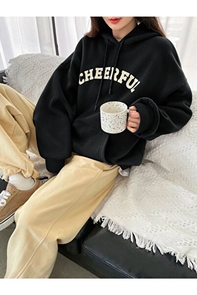 Flood Of Style Hanorac negru pentru femei Black Cheerful cu imprimeu cu glugă