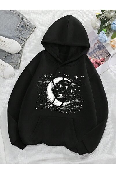 Flood Of Style Hanorac negru unisex Crescent cu imprimeu cu glugă