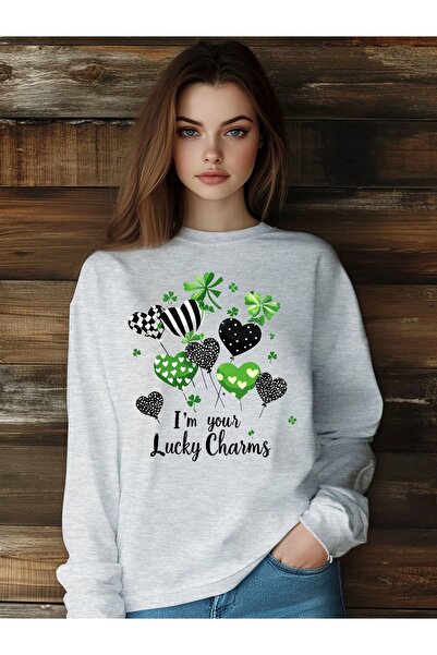 Flood Of Style Balon gri Lucky Heart pentru femei cu imprimeu guler rotund supradimensionat