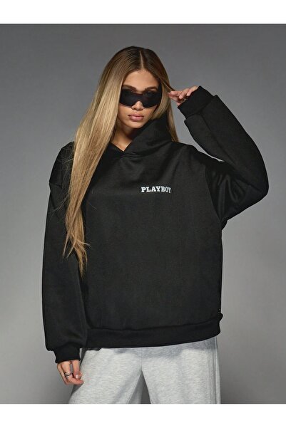 Flood Of Style Hanorac negru pentru femei Black Play Boy cu imprimeu cu glugă