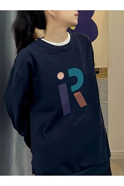 Flood Of Style Albastru bleumarin pentru femei Albastru bleumarin R Smile cu imprimeu guler rotund supradimensionat