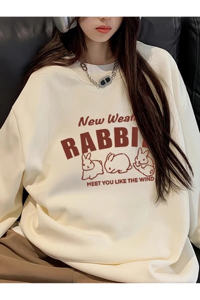 Flood Of Style Bej Femei Bej New Rabbits Tipărit Guler Rotund Oversize
