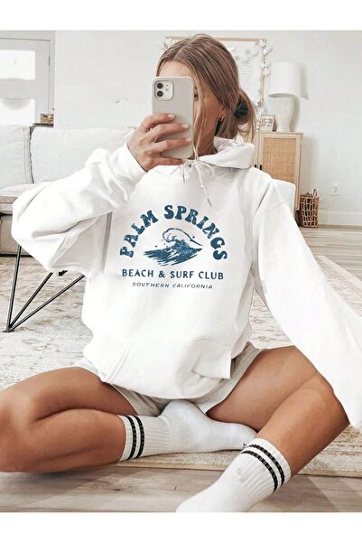 Flood Of Style White Women's White Palm Springs Surf Printed 3 Thread Hooded Hoodie