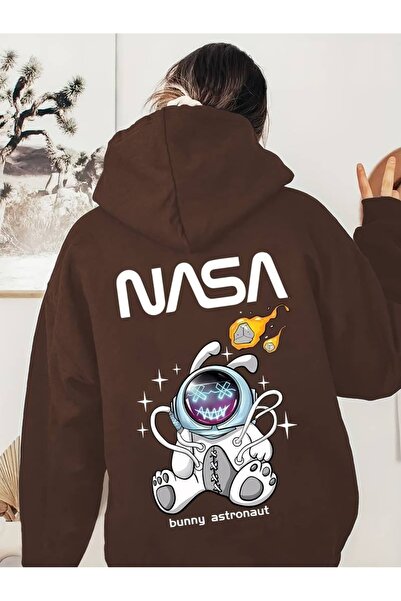 Flood Of Style Brown Women's Brown Nasa Bunny Astronaut Printed 3 Thread Hooded Hoodie