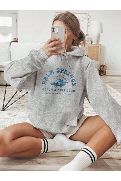 Flood Of Style Hanorac gri pentru femei Palm Springs Surf cu imprimeu 3 Thread K cu glugă