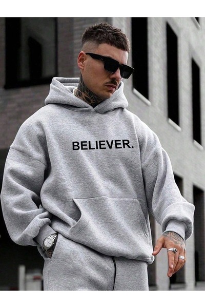 Flood Of Style Gray Men's Gray Believer Printed 3 Thread Hooded Hoodie