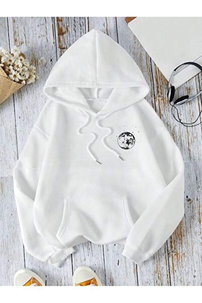 Flood Of Style Hanorac alb unisex White Moon cu imprimeu 3 Thread K cu glugă