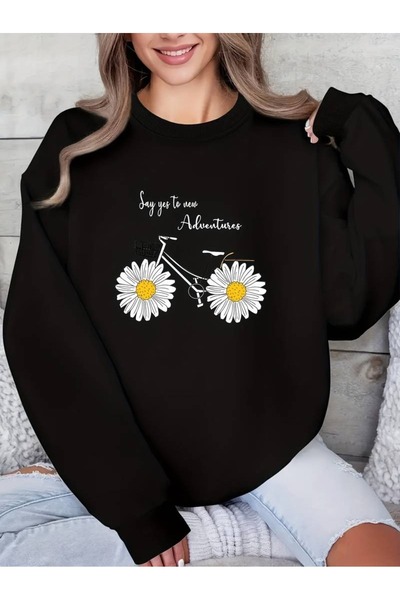 Flood Of Style Femeie neagră Black Bicycle Daisy cu imprimeu guler rotund supradimensionat