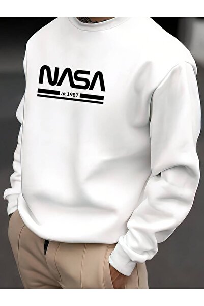 Flood Of Style White Men's White Nasa 1987 Printed Crew Neck Oversize