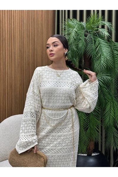 Cardella Ethnic Patterned Chain Belt Detailed Fully Lined Openwork Dress
