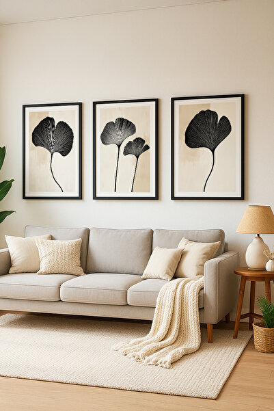 Ryta Minimalist Yaprak Tasarımlı 3’lü Set Çerçeveli Tablo - Modern Çerçeveli Set