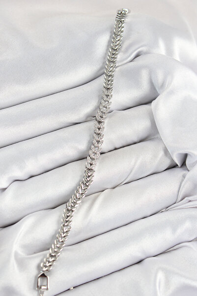 Skygo Pirinç Zirkon Taşlı Sıralı Yaprak Model Gümüş Renk Kadın Bileklik - TJ-BB7532