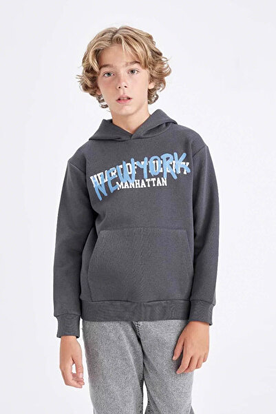DeFacto Boy's Gray Hooded Pocket Back Printed Sweatshirt C9785A824Au