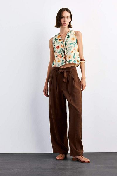 DeFacto New Season Fitted Floral Patterned Front Tie Poplin Vest