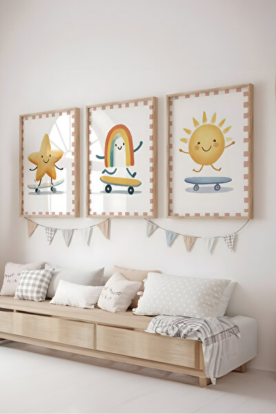 Home Desenli 3'lü Pastel Bebek Odası Dekoru, Sevimli Çocuk Odası Dekoru, Çerç...