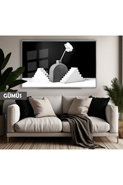 Harikabirev HARİKABİREV | CULOARE NEGRU&ALB MODEL TRANDAFIR BOHEM | TABLO DE STICLA TEMPLATA CU CADRU ORIZONTAL