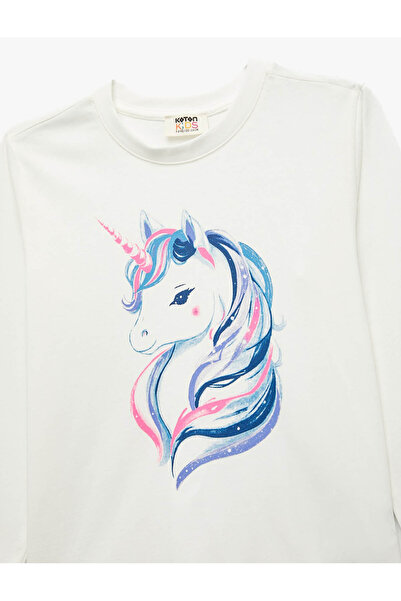 Koton Crew Neck Unicorn εμπριμέ εκρού μακρυμάνικο μπλουζάκι για κορίτσια 6Wkg10092Ak