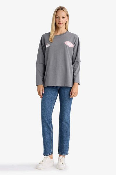 DeFacto New Season Loose Fit Crew Neck Back Printed Long Sleeve T-Shirt