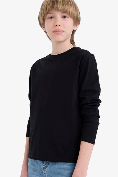 DeFacto Crew Neck Basic Plain Black Men's Long Sleeve T-Shirt K1686A6/Bk81