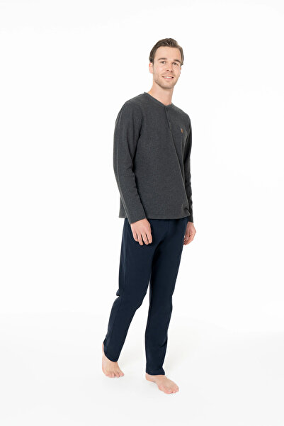 U.S. Polo Assn. Erkek Pijama Takımı, Cepli, Pamuk Karışımlı, Uzun Kollu, Düğmeli Yaka, Ev Giyim