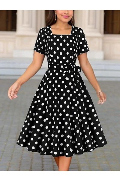 modamtn Women's Short Sleeve Geometric Collar Polka Dot Kiloş Midi Single Jersey Dress