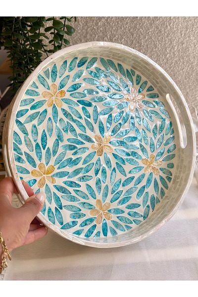 Decamor home Handmade Turquoise Blue Detailed Tray Large Size
