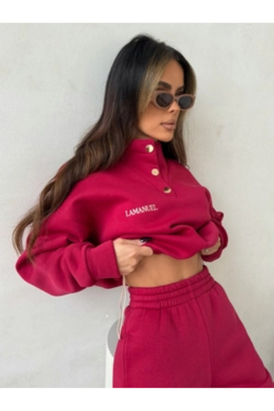 aynewmoda Long sleeve button lapel sweatshirt and simple letter Printed casual long pants for women