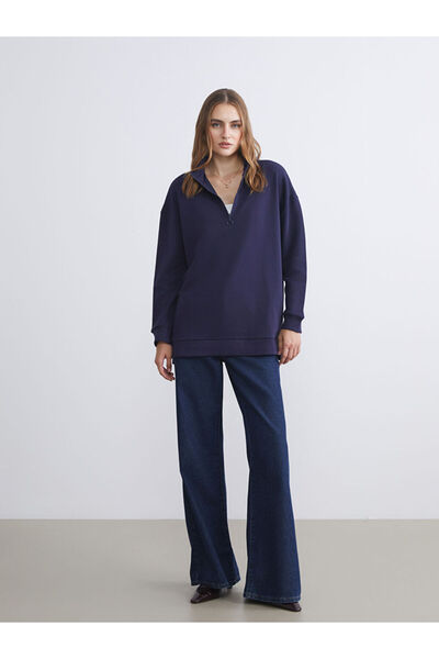 LC Waikiki Navy Blue Stand Collar Women's Sweatshirt Tunic