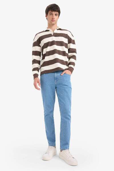 DeFacto Boxy Fit Polo Yaka Çizgili Waffle Sweatshirt E8440AX25AU