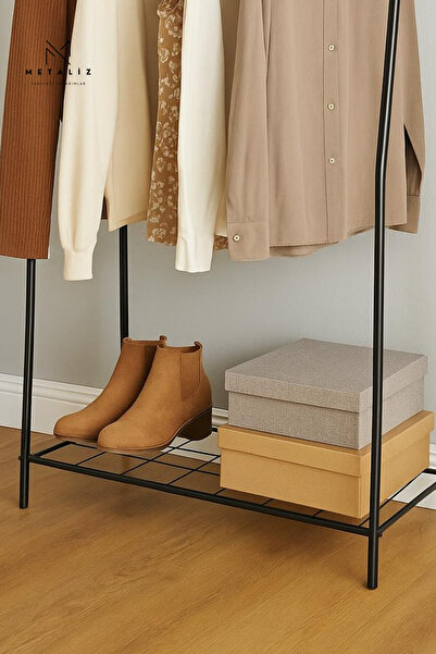 Metaliz Modern Tasarım Metal Askılık – Elbise ve Ayakkabı Düzenleyici-Siyah Dayanıklı Konfeksiyon askısı