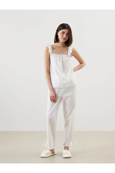 LC Waikiki Lcw dreamwhite u-neck embroidered women's pajama set