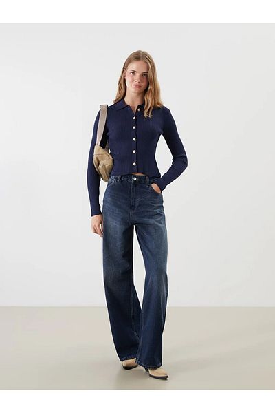LC Waikiki Navy Blue Polo Collar Women's Knitwear Cardigan