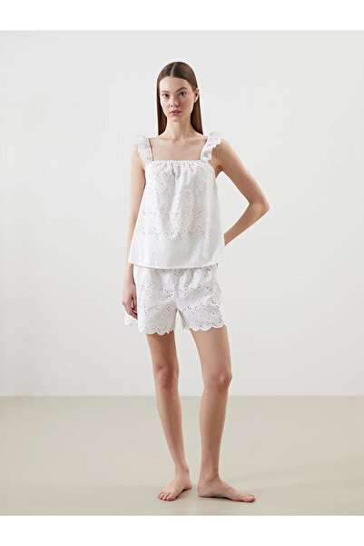 LC Waikiki LCW DREAM Set de pijamale pentru femei cu guler pătrat alb și dantelă