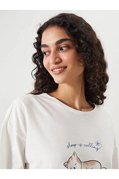 LC Waikiki LCW DREAMBej Bisiklet Yaka Baskılı Kadın Pijama Takımı