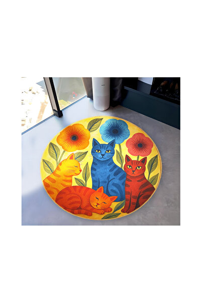 Rugs Modern Halı سجادة دائرية منسوجة بنمط الزهور والقطط متعددة الألوان من موس...