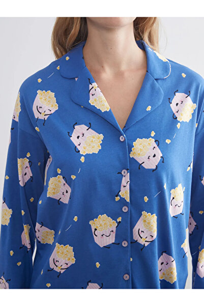 LC Waikiki LCW YoungMavi Gömlek Yaka Baskılı Kadın Pijama Takımı