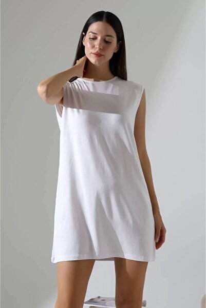 bysoca Kadın Beyaz Oversize Vatka Detaylı Kolsuz Bisiklet Yaka Basic Viskon T...