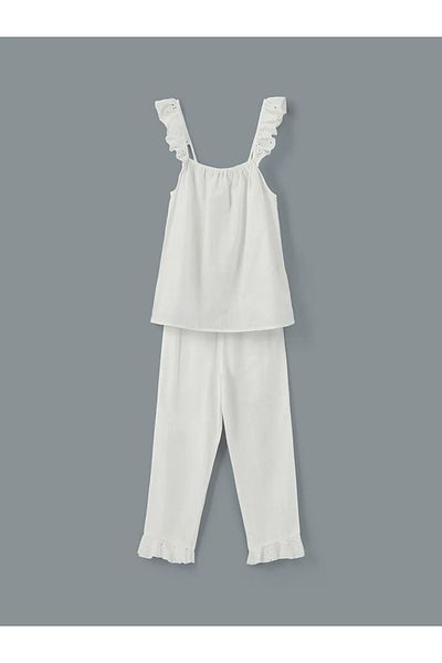 LC Waikiki Lcw dreamwhite u-neck embroidered women's pajama set