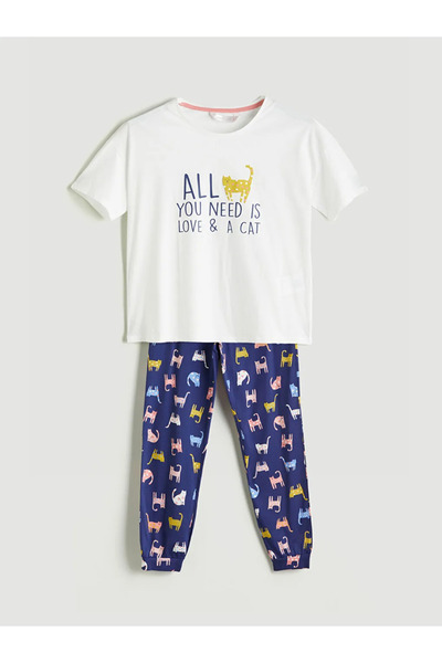LC Waikiki Lcw Dreamnavy Blue Crew Neck Printed Women's Pajama Set