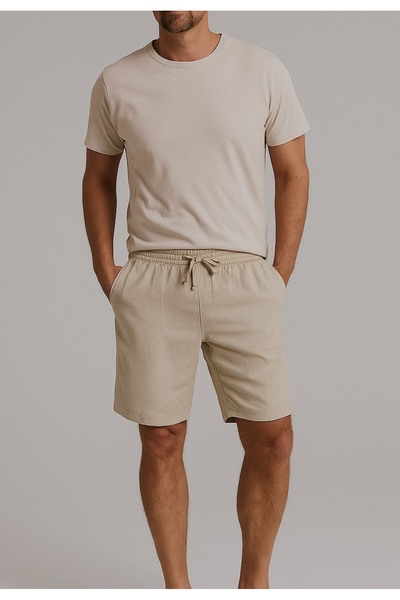 TheSeason Men's Stone Cotton Linen Look Relaxed Shorts with Elastic Waist